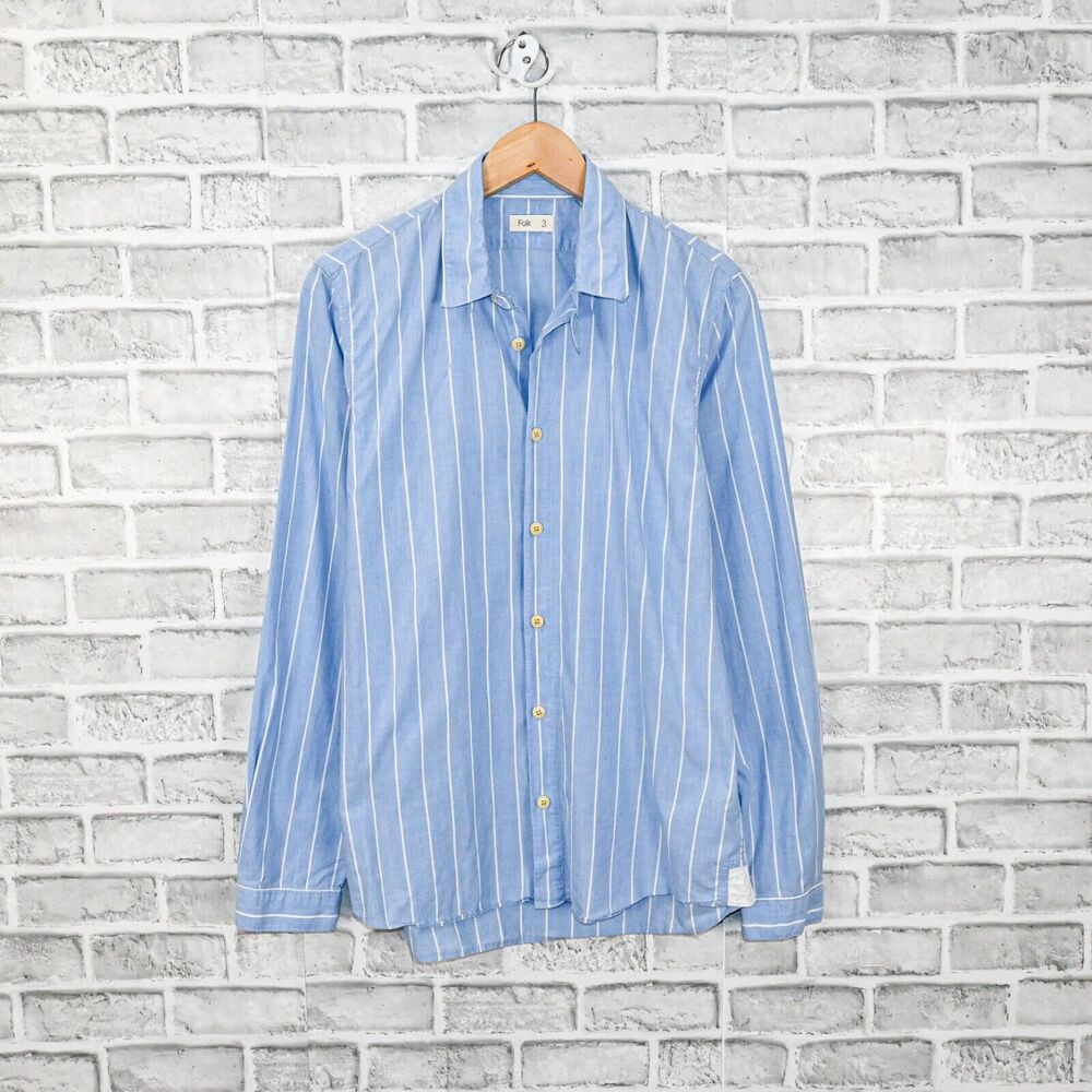 FOLK Clothing Women's tab collar Button up shirt blue striped cotton sz 3